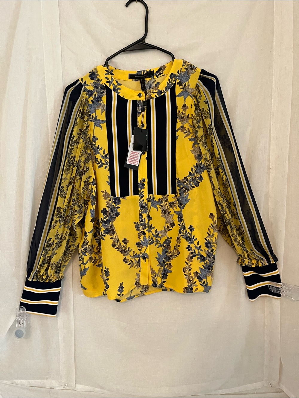 BCBGMaxAzria Yellow and Navy Floral Stripe Blouse